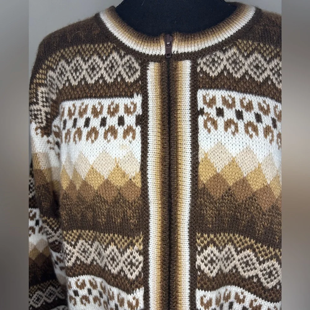 100% Alpaca Hand Knit Geometric Zip Up Sweater With Pockets Size Large - Picture 2 of 6